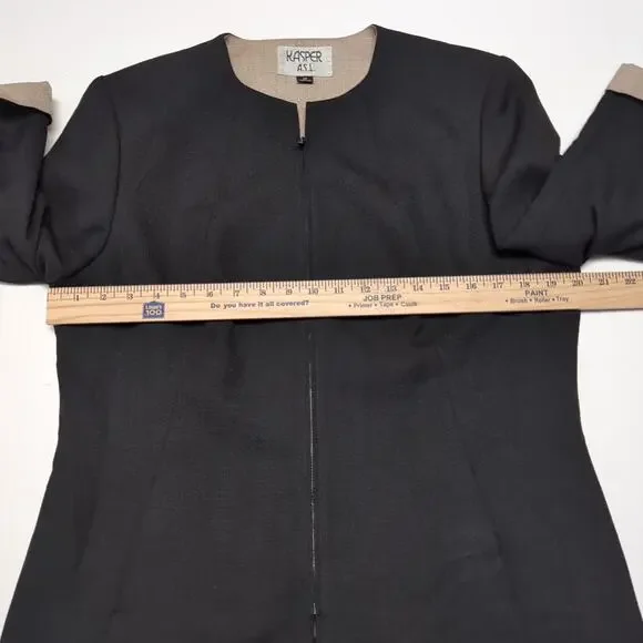 VTG Kasper Suit Jacket / Top Blouse Set Women's 14P 14 Petite Black Tan Career - Picture 8 of 16